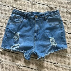 Blue Distressed Jean Shorts with Raw Hem